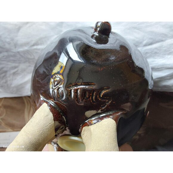 Amazing studio pottery moose piggy bank dark brown with blue eyes - Picture 8 of 9